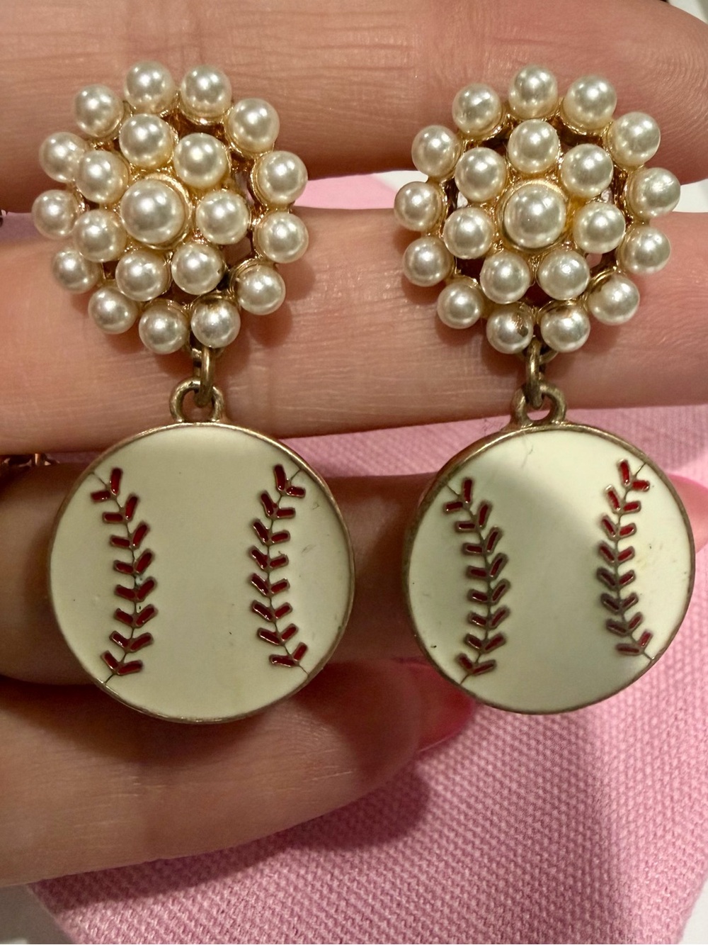 Baseball and pearl earrings